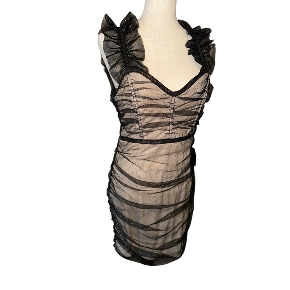 Lulus Dress Sz L Dazzling Black Beige Metallic Bodycon Mini Whimsigoth Fairy - Picture 4 of 12